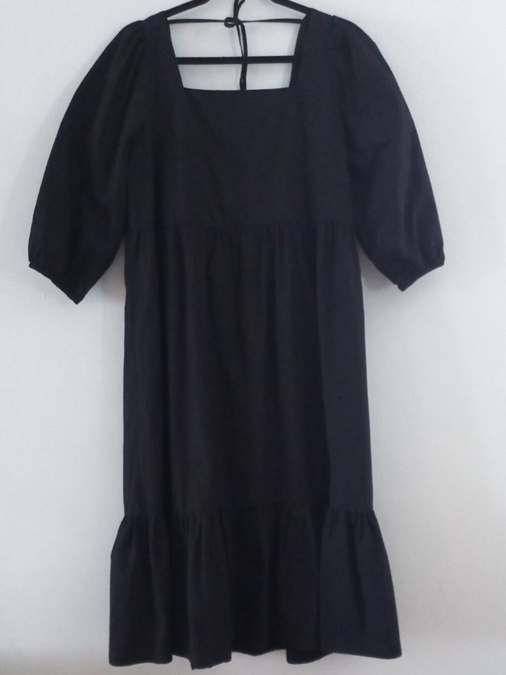 OAK + FORT black cotton puff sleeve long babydoll dress